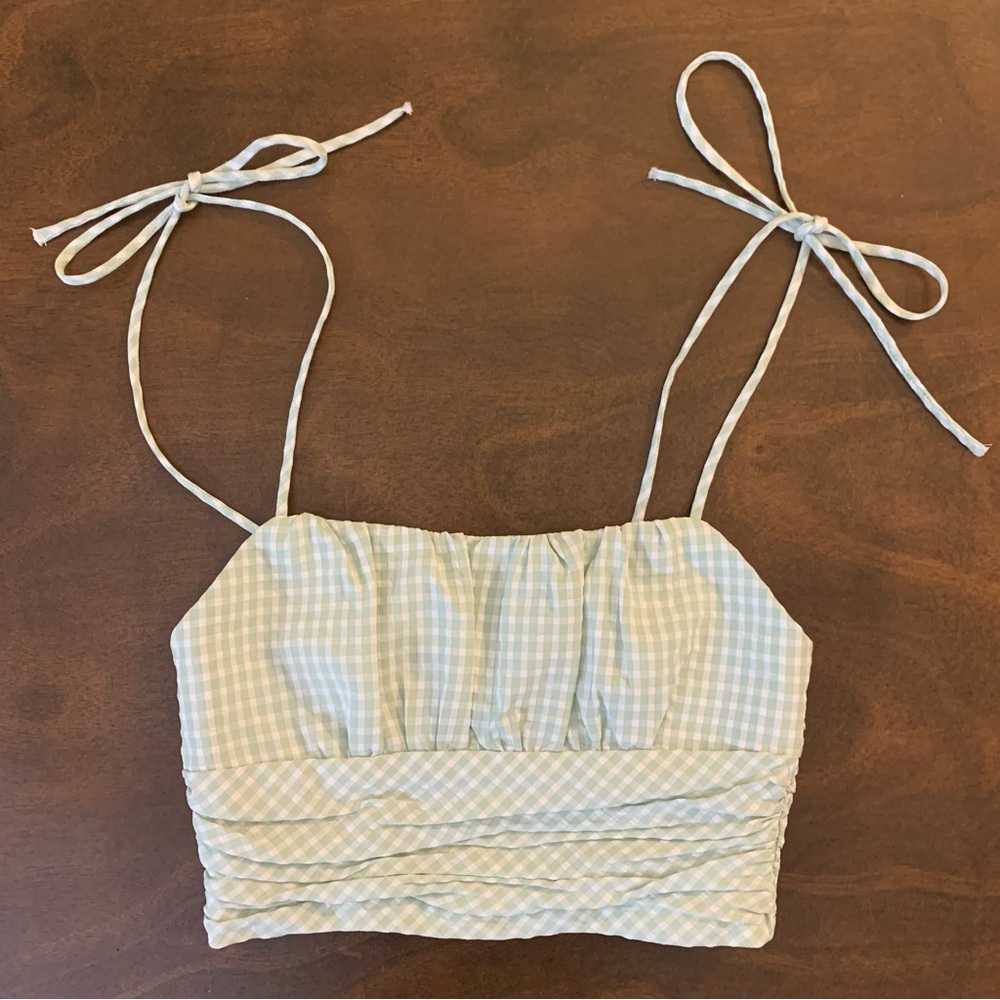 Blank NYC Women’s Crop Top Size XS Green And White Gingham Adjustable Shoulder